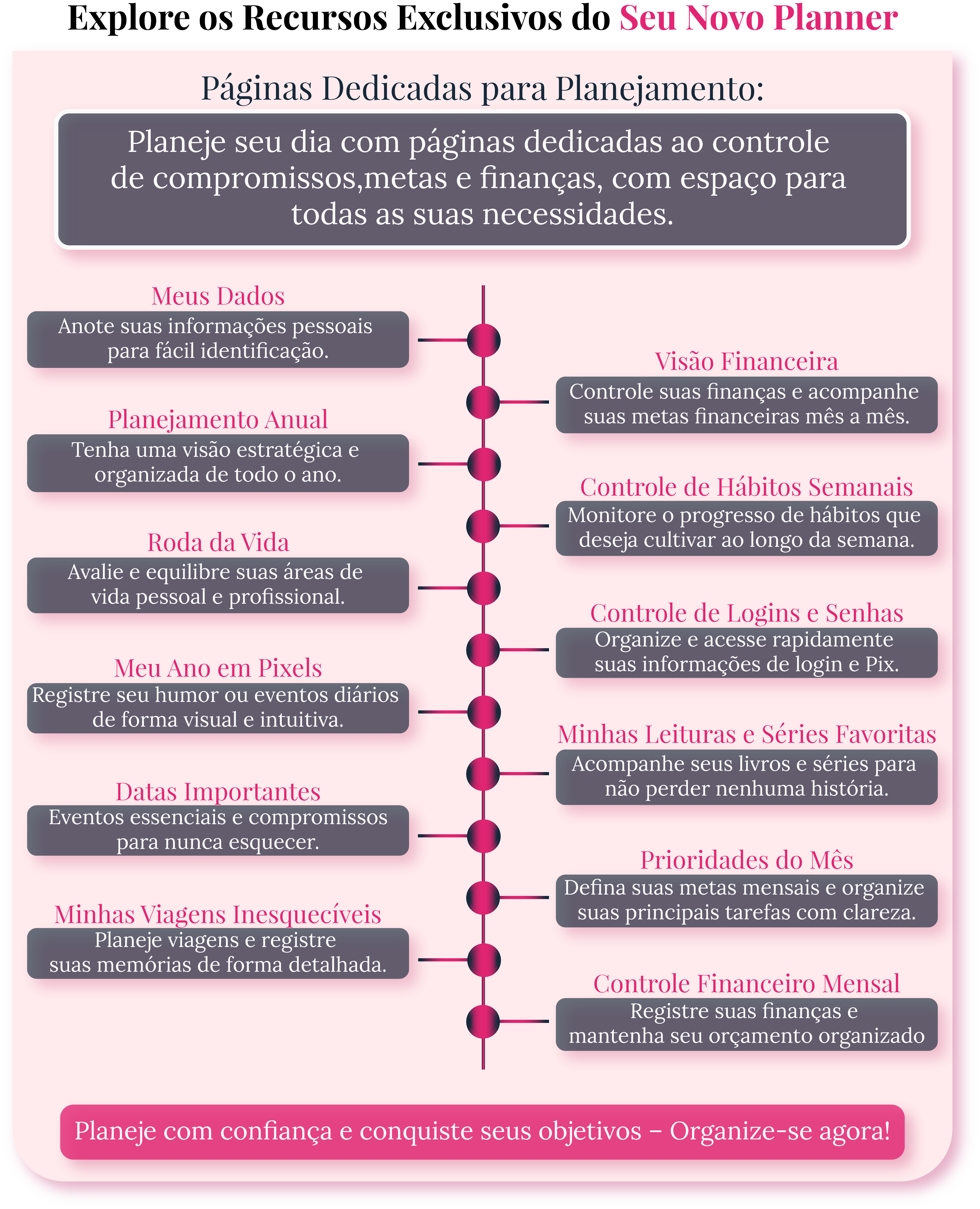 Páginas internas do Planner 2025 com controle financeiro, metas e planejamento pessoal - Arte 18 Papelaria de Luxo